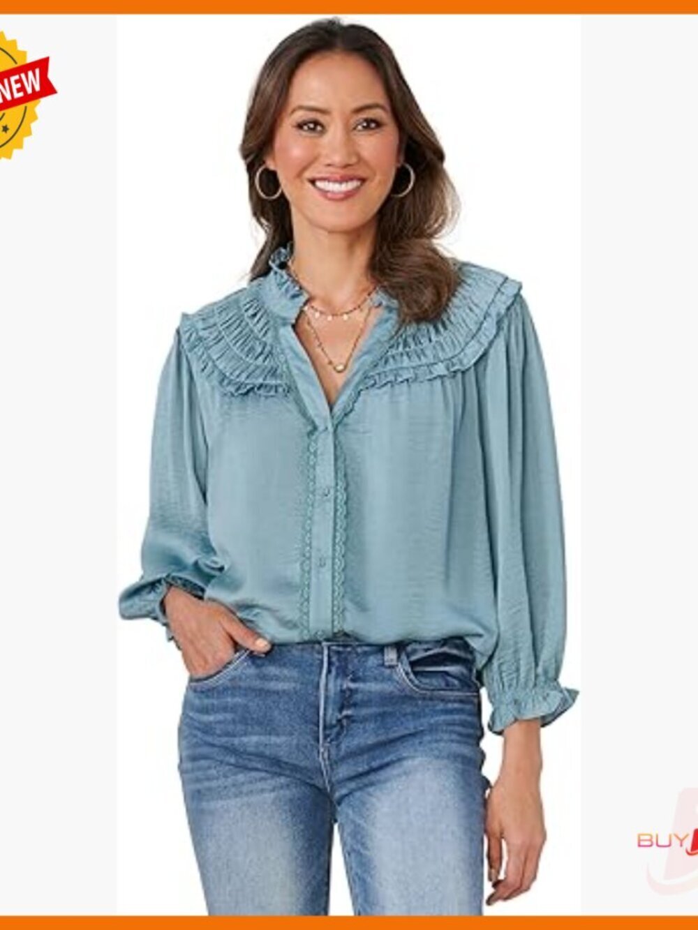 3/4 Sleeve Button Down Blouse, Polyester Woven Top, Regular Fit